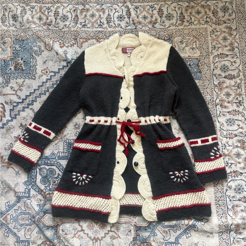 Newari Cardigan Womens Small/Medium Wool Hand Knit Long Sweater Nordic